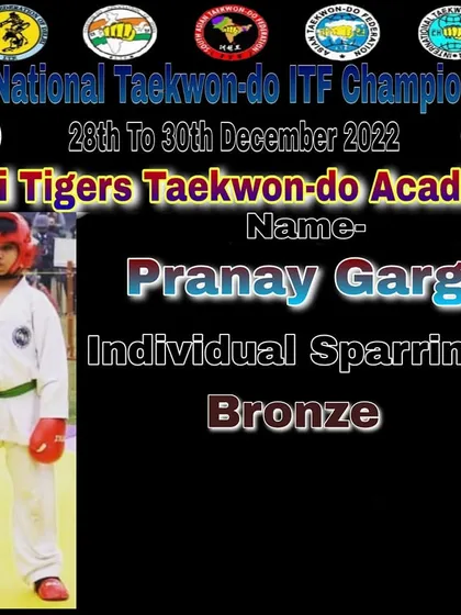 Pranay Garg, one of our young fighters, after winning a Bronze medal in Individual Sparring. He shows great courage and potential on the mat.