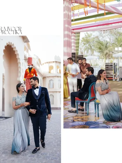 A collage showcasing the couple's stylish outfits and the fun, colorful atmosphere of their carnival-themed Sangeet.