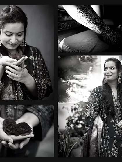 A black and white collage that tells the story of a Mehendi ceremony. It highlights the bride's quiet moments, the intricate henna details, and her radiant happiness.