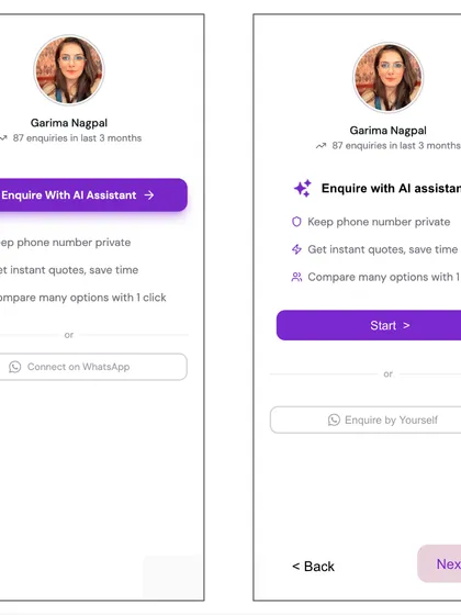design is about what works, not just what looks good. here's a look at two different layouts for an ai assistant enquiry flow, an example of the responsive product prototyping and a/b testing i use to find the most effective design.