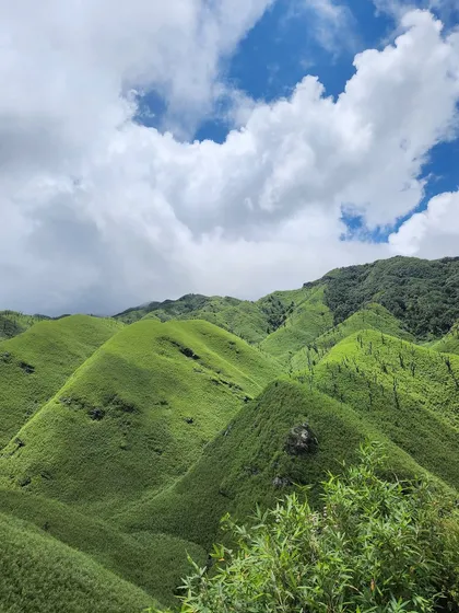 More stunning views of the contoured hills of Dzukou Valley under a partly cloudy sky. Every angle offers a new, beautiful perspective.