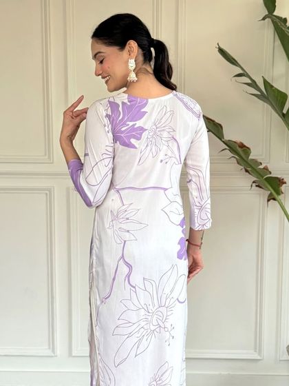 A simple yet chic white rayon kurta with a lovely purple floral print. This is my go-to for an easy, comfortable, and stylish everyday look.