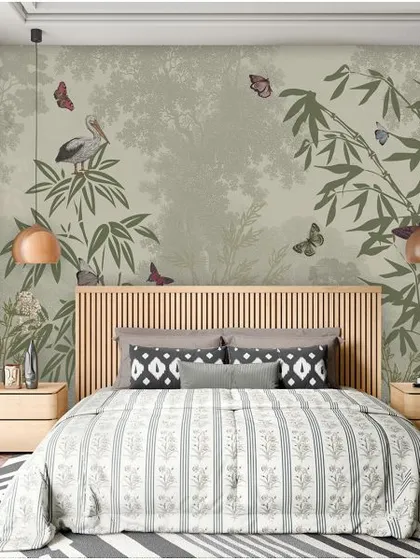 Bring the tranquility of nature into your bedroom. This beautiful mural featuring bamboo, birds, and butterflies creates a serene and restful environment, making your bedroom a true sanctuary.