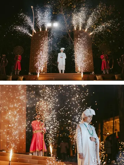 The groom's grand entry, surrounded by cold pyros, is a spectacle in itself. We make sure to capture the groom's anticipation and excitement before he sees his bride.