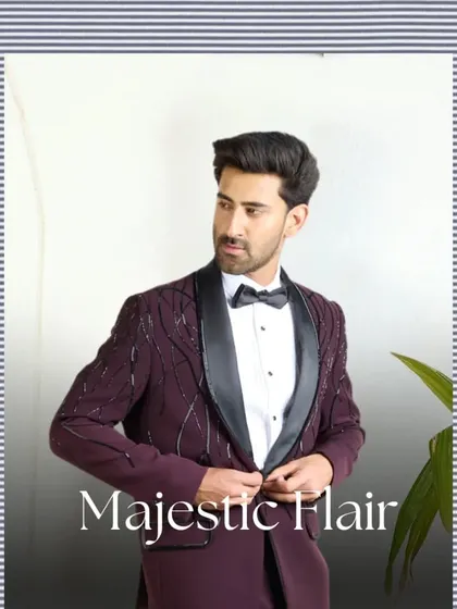 Majestic Flair. This graphic overlay highlights the regal quality of the wine-colored tuxedo, a perfect choice for autumn and winter formal events.