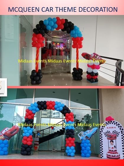 The entrance to the car-themed party featured a balloon arch in race-day colors and cutouts of Lightning McQueen and friends, getting guests excited for the celebration from the moment they arrived.