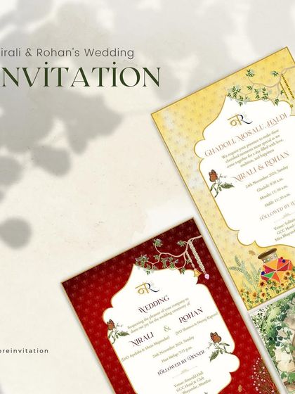 Another perspective on Nirali and Rohan's invitation suite, this time highlighting the Haldi and Wedding cards. The warm yellows of the Haldi contrast beautifully with the deep reds of the wedding card, all tied together with a custom monogram.