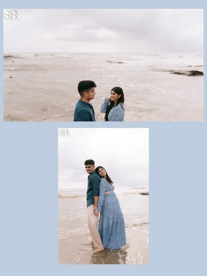 A collage from a Goa beach shoot, showing the couple's connection from different perspectives.