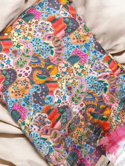 Another look at this beautiful printed silk, with its intricate mix of colors and patterns.