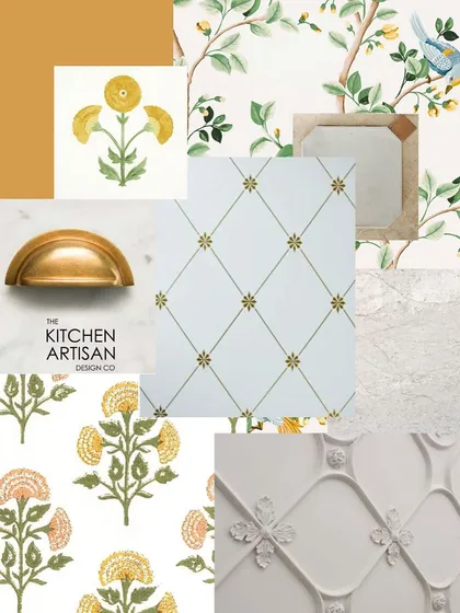 This mood board is for a very special client, bringing together nature-inspired wallpaper, floral motifs, and textured tiles. It’s the first step in translating a personal story into a real, livable space.