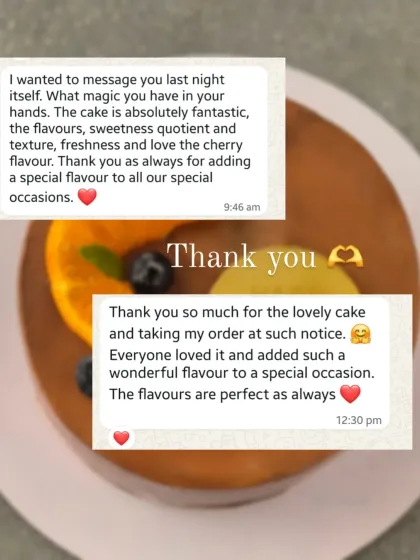 Wonderful feedback for my signature Mocha Orange and Cherry Chocolate flavours. It's amazing to hear my cakes add a special touch to your occasions.