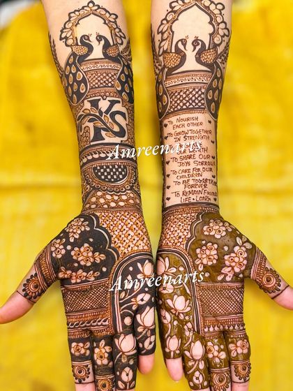 Your wedding vows or a meaningful quote can be beautifully inscribed into your mehndi. This design features the seven sacred vows alongside traditional peacock motifs.