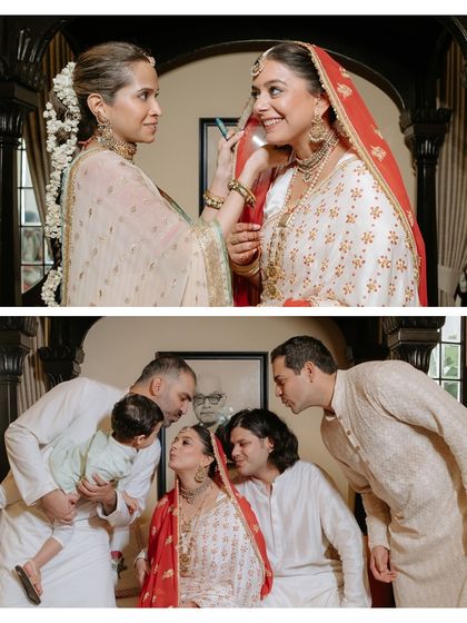 A series of portraits of a bride in a beautiful, traditional white and red saree, capturing her elegance, emotion, and moments with her family.