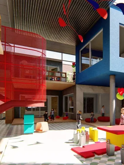 A rendering of a kindergarten in Lucknow where architecture encourages interaction. By creating floating and shifting classroom volumes, I designed a series of interconnected open courts and play areas. This diversity of 'in-between' spaces is meant to spark curiosity, exploration, and learning through exchange.