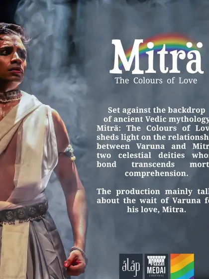 This poster is for 'Mitra: The Colours of Love', a production I directed for my student. It shows how I help conceptualize new themes, even contemporary ones, within the framework of classical Bharatanatyam.