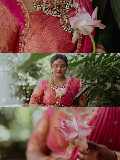 A collage of a bride holding a lotus flower, symbolizing her purity and new beginnings on her betrothal day.