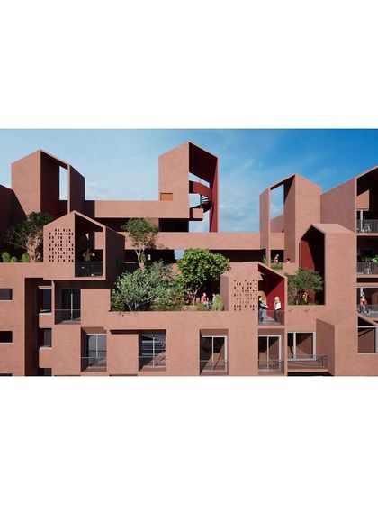 This image shows the central community terrace, a key feature of the redevelopment project. It is envisioned as a social hub for residents, surrounded by individual homes.