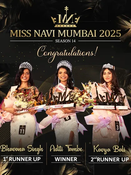 The official winner's announcement graphic for Miss Navi Mumbai 2025, featuring the crowned queen and her runners-up. I provide a complete package that includes polished promotional assets.