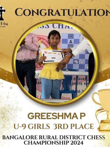 Congratulations to Greeshma P for her podium finish, claiming 3rd place in the U-9 Girls category at the Bangalore Rural District Chess Championship.
