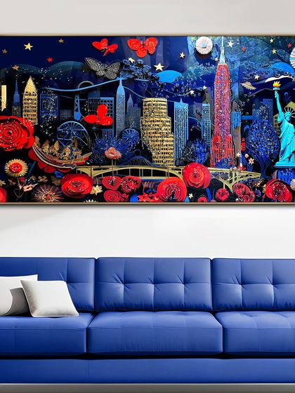 A whimsical and imaginative crystal glass painting of the New York City skyline. The scene is a fantasy collage of famous landmarks, red roses, and butterflies, creating a truly unique piece of art.