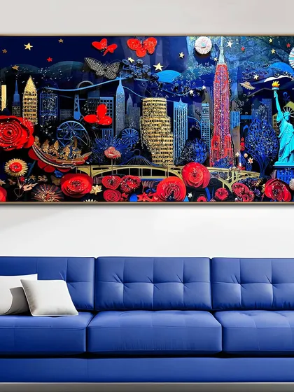 A whimsical and imaginative crystal glass painting of the New York City skyline. The scene is a fantasy collage of famous landmarks, red roses, and butterflies, creating a truly unique piece of art.
