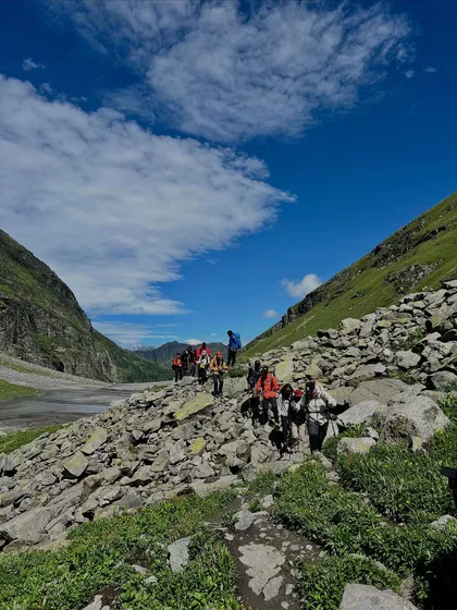 The trail on the Hampta Pass trek can be rocky and challenging, but the views of the valley make every step worthwhile.