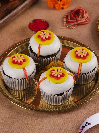 Our special Rakhi cupcakes, topped with edible rakhi designs. They are a festive and fun alternative to traditional sweets for Raksha Bandhan.