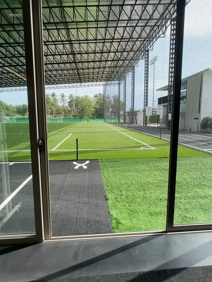 The view from the gym overlooking the indoor and outdoor turf at Maraleina Sports Resort.
