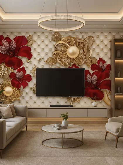 A bold and dramatic TV wall featuring a 5D wallpaper with vibrant red and gold flowers on a quilted background. This design makes a powerful statement of luxury and style.