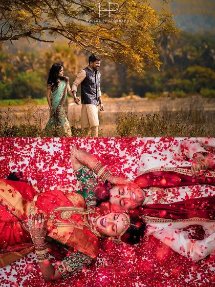 A collage of pure fun and romance, from a pre-wedding shoot in a field to lying in a bed of roses.