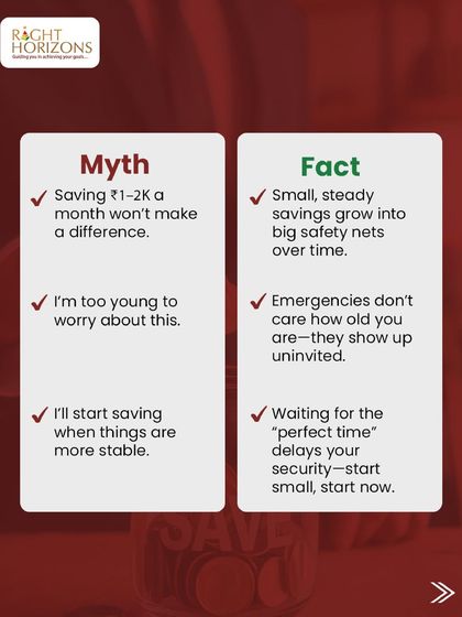 This "Myth vs. Fact" graphic debunks common excuses for not having an emergency fund. We counter myths like "small savings don't make a difference" with the fact that steady savings grow into important safety nets over time.