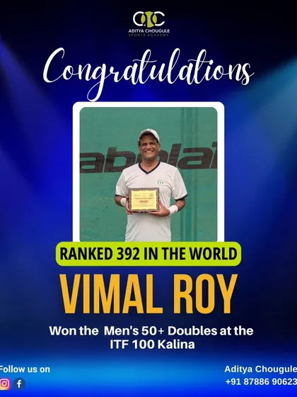 Age is just a number when you have passion. Cheers to our player Vimal Roy for winning the Men's 50+ Doubles at the ITF 100 Kalina, showcasing his legendary skill and determination.
