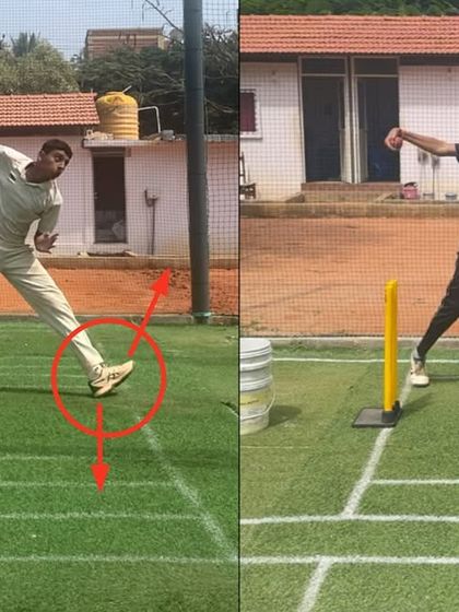 Here, we focused on correcting a 'past side-on' body position for a leg spinner. The 'after' still shows a controlled landing and a more coordinated finish, crucial for consistent performance.