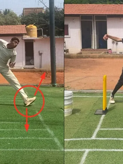 Notice the foot alignment change. Before, the front foot was landing open, causing the body to fall away. We corrected this to ensure a stable base and a finish directed towards the target.