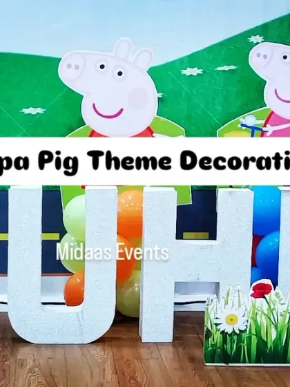 A close-up of the Peppa Pig character cutouts and the custom name display. These details make the theme feel personal and special for the birthday child.