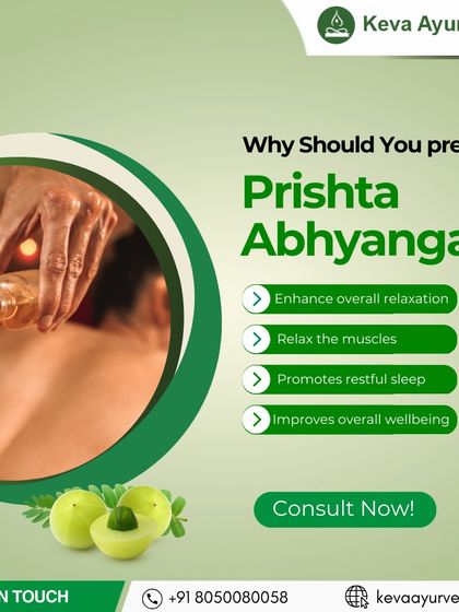 Prishta Abhyanga, or Ayurvedic back massage, is a therapy we recommend for deep relaxation and muscle relief. It is particularly effective in promoting restful sleep and improving your overall sense of well-being.