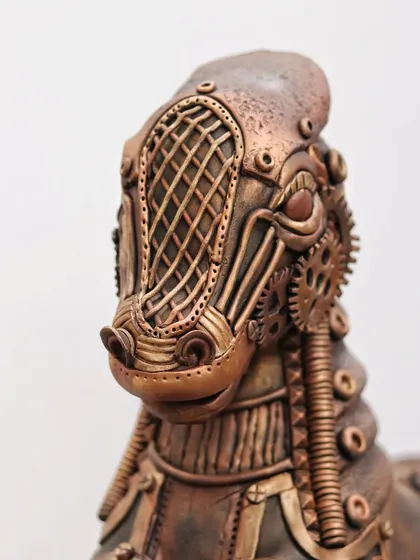 The head of the Steampunk Horse, featuring a crosshatch visor and detailed gear work. This piece required immense precision and artistic vision.