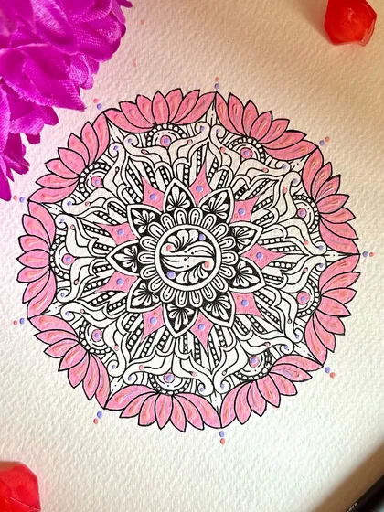 A mandala for the soul. This piece features a central Yin-Yang symbol, surrounded by soft pink lotus petals. It's a gentle reminder of balance and harmony, created with a peaceful pastel palette.