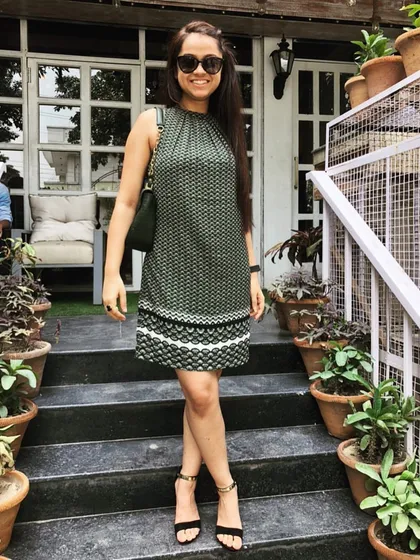 For my birthday lunch, I chose this chic A-line dress with a geometric print. It's a comfortable yet stylish piece that's perfect for a celebratory day out.