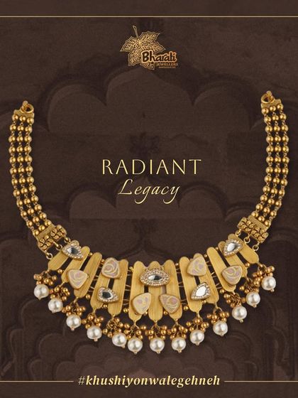 Grace your neckline with this exquisite necklace, adorned with delicate South Sea pearl droplets. The design features dazzling Kundan and a subtle touch of pastel Meenakari, creating a harmonious blend of radiant legacy and charm.