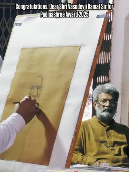 A moment captured during the live portrait demonstration of Shri Vasudevji Kamath. He is seated for the portrait while I work on the initial sketch on the easel.