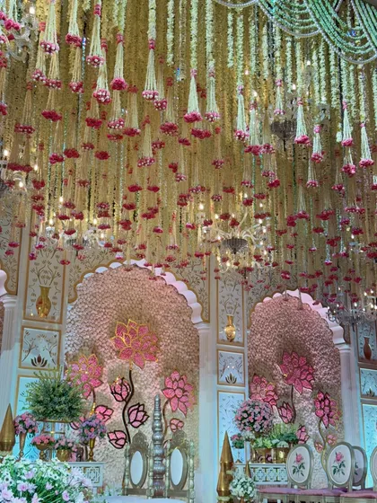 A perspective shot of the mandap, showing the interplay between the hanging floral ceiling and the intricately decorated walls, creating a complete world of beauty.