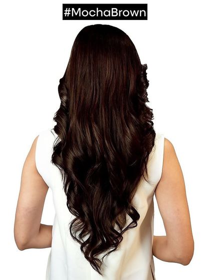 The back view of the mocha brown hair, labeled to highlight the specific shade. The color is rich, even, and full of shine.