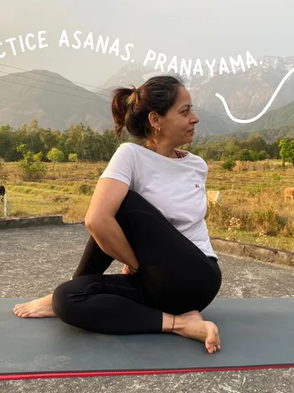 Finding balance and stillness with an Ardha Matsyendrasana (half spinal twist) practice, overlooking the vast Himalayan landscape. My retreats integrate asana practice with the natural elements, allowing you to breathe deeper and feel more connected.