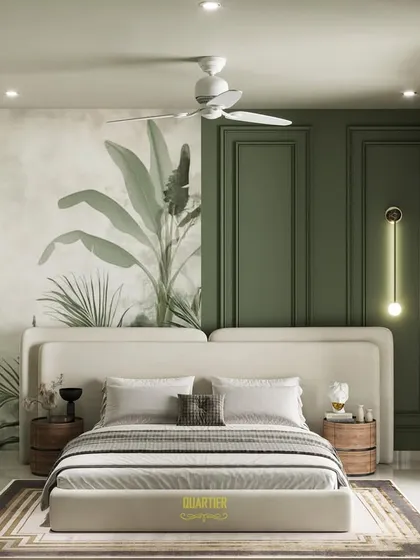 This 3D visualization for a master bedroom at ATS Rhapsody brings a nature-inspired aesthetic indoors. I used calming sage green tones, elegant wall paneling, and a beautiful botanical mural behind the bed to create a tranquil escape.