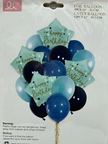 A complete balloon bouquet kit in shades of blue. I use kits like these to create color-coordinated balloon arrangements for different themes.
