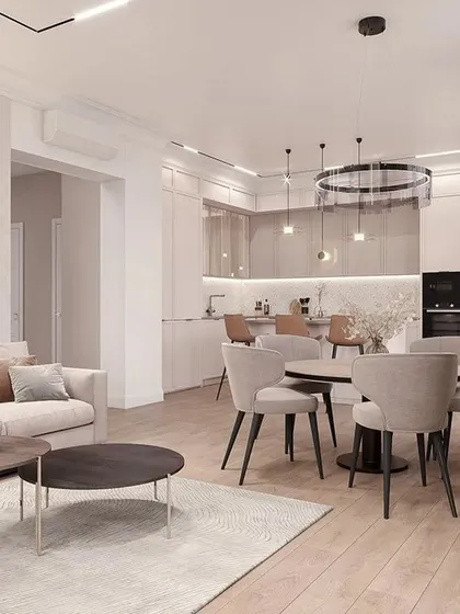This is a perfect example of an open-plan layout where the kitchen flows beautifully into the dining and living areas. I used a soft, neutral color palette and consistent materials to create a bright, airy, and cohesive space. The kitchen features a breakfast bar for casual meals and elegant pendant lighting.