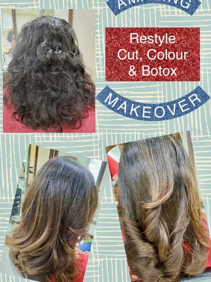 This complete hair makeover is a great example of what we can do. We gave our client a stylish new cut, applied a rich new color, and finished with a nourishing Botox treatment to turn curly, frizzy hair into soft, manageable waves with beautiful body and shine.