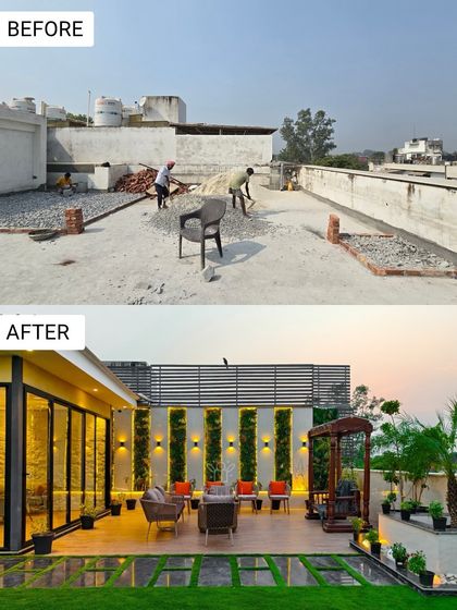 A complete transformation from a basic terrace to a multi-zone paradise. The after shot shows a glass house, a comfortable lounge area with a feature wall, and a traditional swing, all tied together with beautiful landscaping.