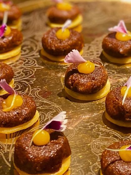 A close-up of our festive dessert canapés, a sweet bite of modern Indian confectionery perfect for Diwali celebrations.